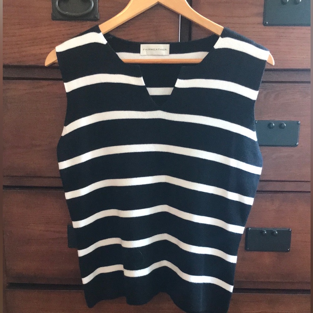 Women's Fairweather Black and White Stripe Cotton Knit Sleeveless Top, Large